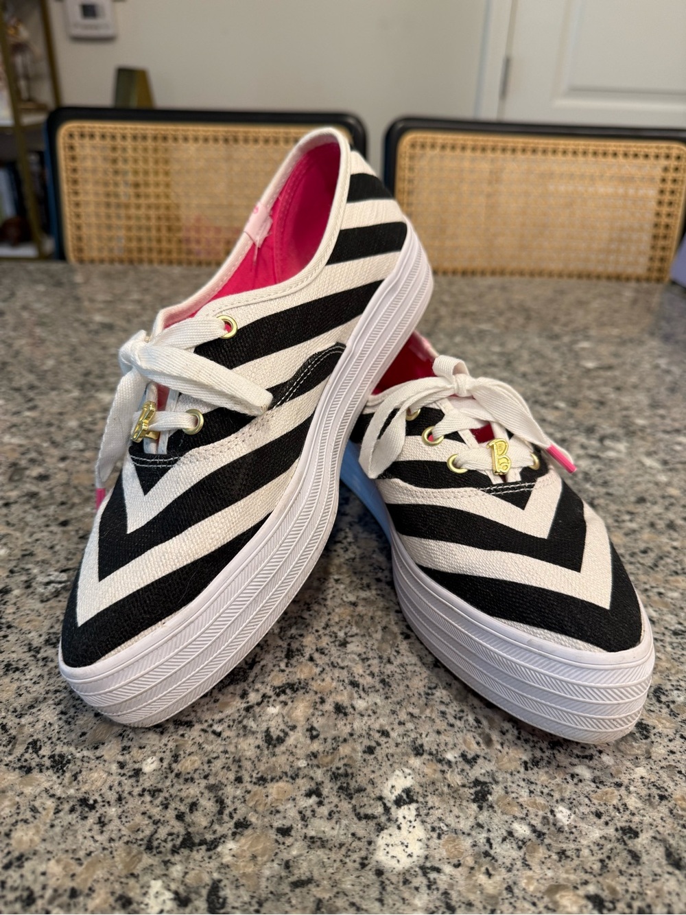 Barbie Black & White Chevron Platform Sneakers with Pink Lining